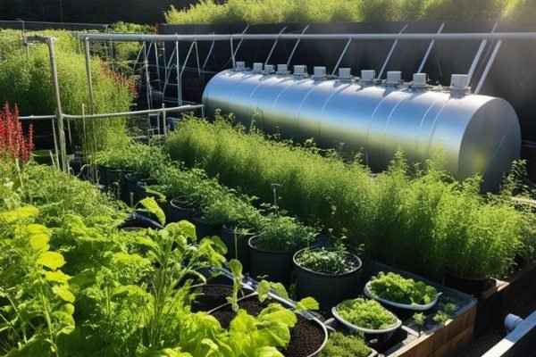 A lush aquaponics setup with a variety of plants thriving alongside a cylindrical fish tank in an outdoor garden, illustrating a sustainable ecosystem.