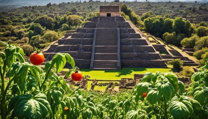 Ripe tomatoes foregrounding an ancient Aztec pyramid, illustrating the tomato's origins in the heart of the Aztec empire where it was once a wild, diverse fruit integral to their diet.