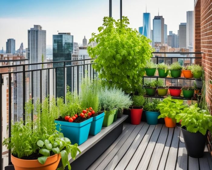An assortment of fresh herbs and vegetables growing in colorful containers on an urban balcony, with a bustling cityscape in the distance, showcasing the potential for productive gardening in small urban spaces.
