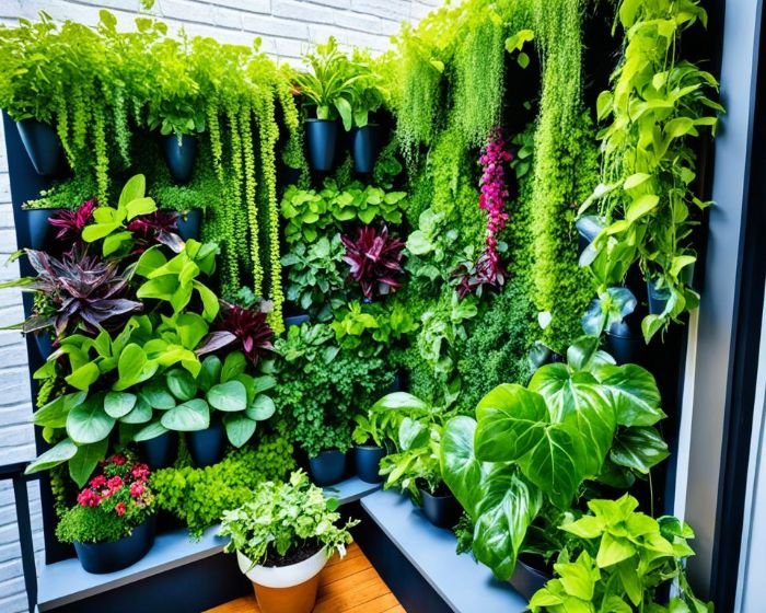 A creatively designed balcony vertical garden featuring a variety of potted plants organized in a compact, modular arrangement, perfect for DIY enthusiasts looking to green up small spaces.