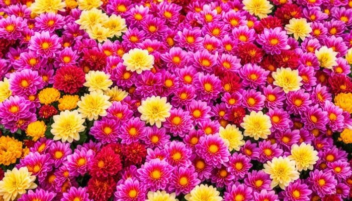 A dazzling display of chrysanthemums blooms tightly packed in a gradient of colors, ranging from sunny yellows to deep purples, illustrating the vast and vibrant spectrum of hues found within this diverse floral family.