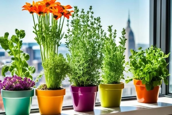 Container Gardening for Beginners – Master Balance Before You Plant A cheerful arrangement of colorful pots with vibrant flowers and herbs on a sunlit windowsill, offering a picturesque urban backdrop, perfect for illustrating the joys of container gardening.