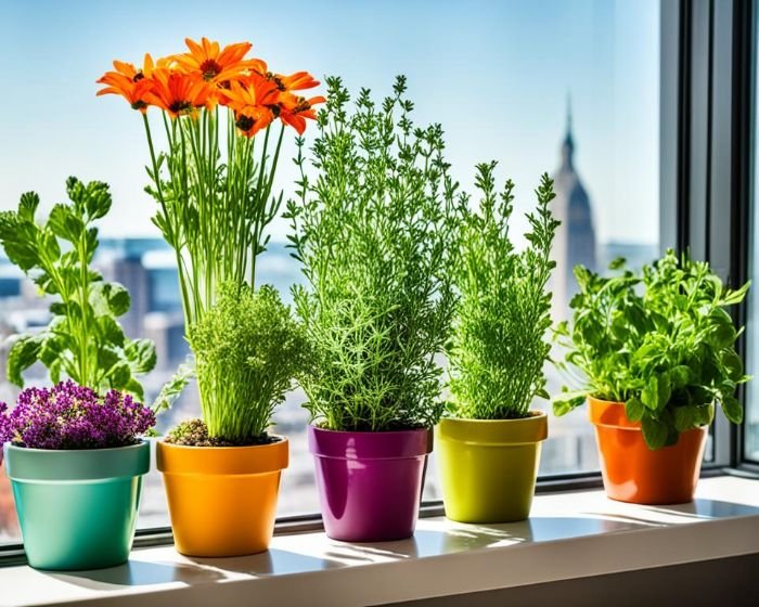 A cheerful arrangement of colorful pots with vibrant flowers and herbs on a sunlit windowsill, offering a picturesque urban backdrop, perfect for illustrating the joys of container gardening.