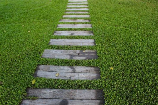 Rustic wooden planks laid out as a simple pathway through vibrant green grass, illustrating a charming approach to garden pathway design.