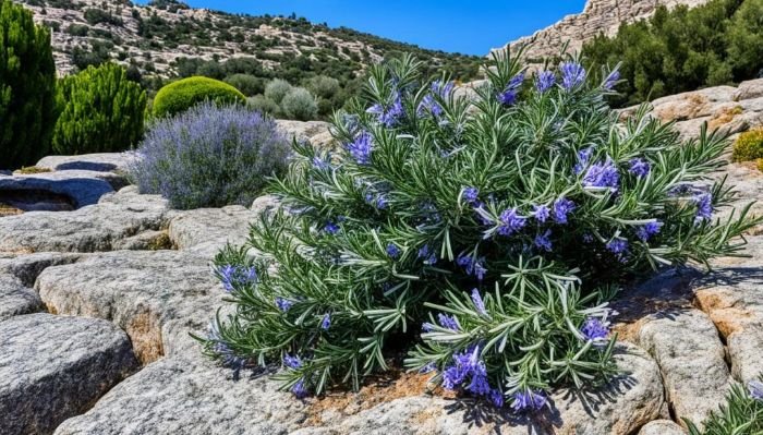 Rosemary thriving amidst rocky terrain, with its lush green foliage and vivid purple flowers, exemplifies the plant's resilience and connection to its Mediterranean origins.