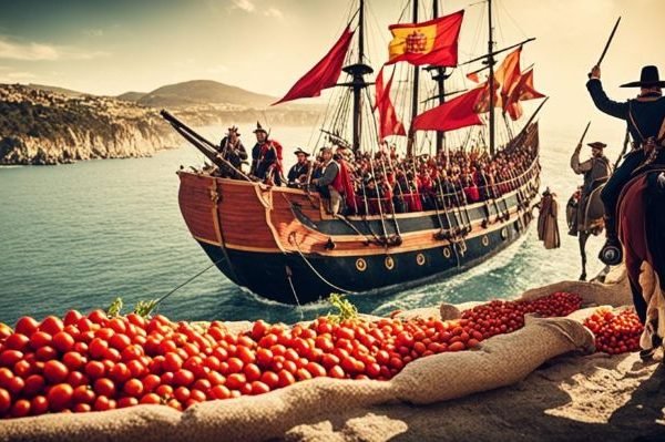 The Journey of Tomatoes – From Aztec Gold to Global Staple A dramatic historical reenactment depicting the arrival of Spanish explorers by ship, witnessing piles of vibrant tomatoes on a New World shore, symbolizing the beginning of the tomato's journey from Aztec gold to a global staple.