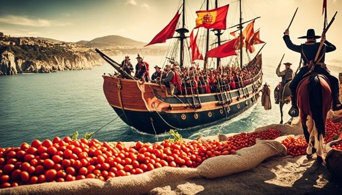 A dramatic historical reenactment depicting the arrival of Spanish explorers by ship, witnessing piles of vibrant tomatoes on a New World shore, symbolizing the beginning of the tomato's journey from Aztec gold to a global staple.