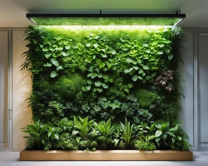 An indoor vertical garden under well-managed lighting, showcasing an array of lush, healthy plants in various shades of green, emphasizing the importance of proper light for plant growth.