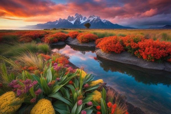 A breathtaking landscape at sunset with vibrant orange shrubs along a meandering river, majestic mountains in the background, and lush greenery in the foreground, exemplifying the diverse beauty of a local climate zone.
