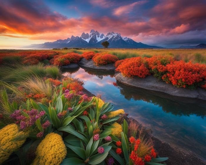 A breathtaking landscape at sunset with vibrant orange shrubs along a meandering river, majestic mountains in the background, and lush greenery in the foreground, exemplifying the diverse beauty of a local climate zone.