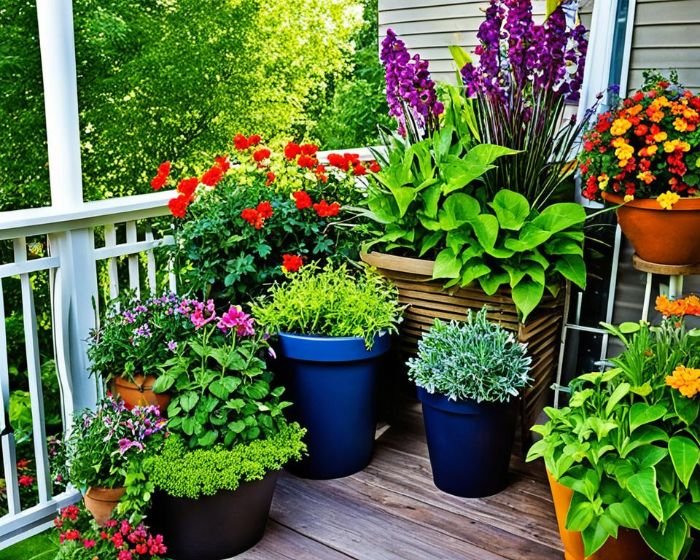 A vibrant and lush container garden on a sunny deck, filled with an array of colorful flowers and foliage, showcasing the versatility and beauty of gardening within pots.