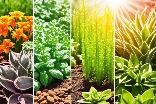 A vibrant collage of different plants, from sun-loving marigolds and aloe to shade-thriving hostas, illustrating the diversity of sunlight needs for optimal growth.