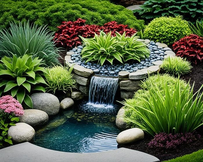 A peaceful garden setting with a small waterfall surrounded by vibrant greenery and colorful plants, exemplifying the tranquility that water features add to therapeutic garden designs.