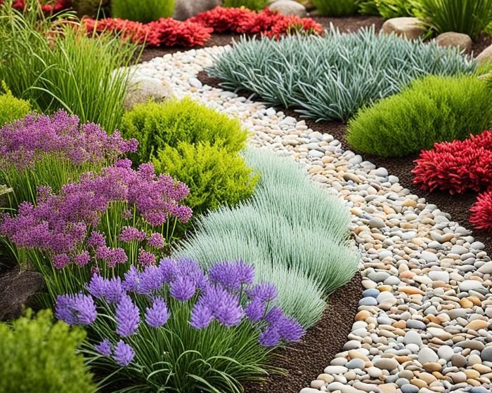 A vivid display of purple, green, and red plants arranged in a therapeutic garden, highlighting the use of color psychology to influence mood and create a harmonious outdoor space.