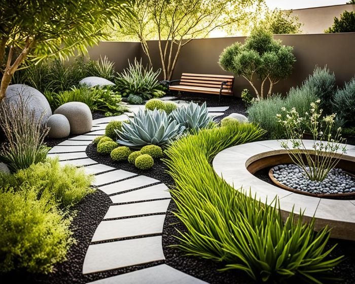 A serene rehabilitation garden with wheelchair-accessible pathways, ergonomic seating, and a variety of lush, tactile plants arranged for therapeutic engagement.