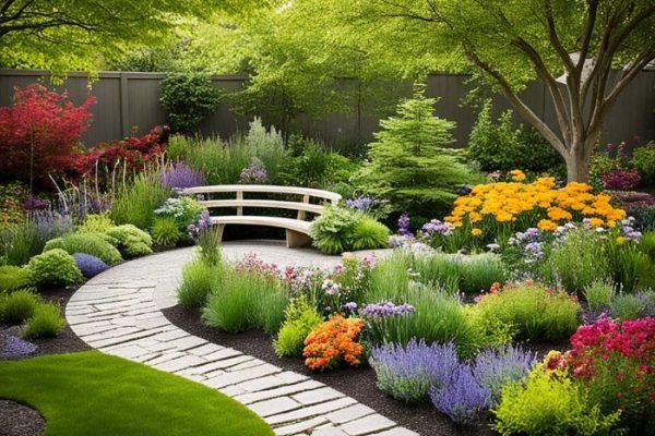 A serene therapeutic garden featuring a winding stone pathway, a wooden bridge, and an array of colorful flowering plants, creating a peaceful retreat promoting well-being and relaxation.