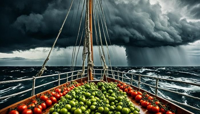 A boat laden with green and red tomatoes braves turbulent seas under a stormy sky, depicting the adventurous journey of tomatoes from the New World across oceans to become a staple in Mediterranean cuisine.