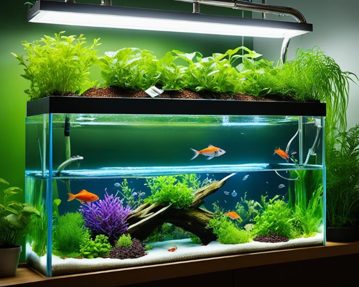 A vibrant indoor aquaponics system showcasing fish in a clear tank with a variety of plants growing above, exemplifying a compact and sustainable urban gardening solution.