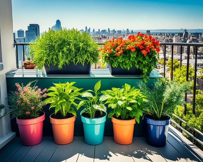 Colorful pots of lush plants on a balcony with a stunning city skyline in the background, highlighting the adaptability and ease of urban container gardening.