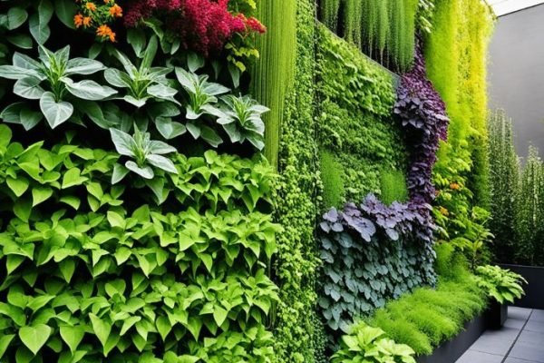 Maximizing Limited Space with Vertical Gardening A lush vertical garden thriving on a city balcony, showcasing a vibrant tapestry of greenery with various shades and textures of plants.