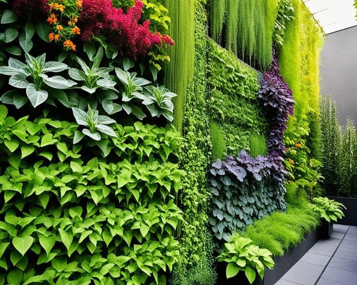A lush vertical garden thriving on a city balcony, showcasing a vibrant tapestry of greenery with various shades and textures of plants.