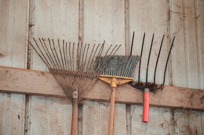 Three different types of garden rakes hanging on a wooden beam against a pale backdrop, showcasing the variety of tools available for various landscaping needs.