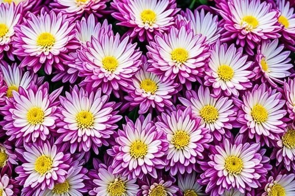 A dense cluster of chrysanthemums with radiant purple petals and golden yellow centers, showcasing the stunning diversity and unique beauty of this popular floral species.