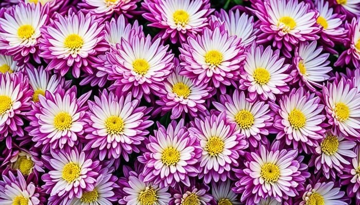 A dense cluster of chrysanthemums with radiant purple petals and golden yellow centers, showcasing the stunning diversity and unique beauty of this popular floral species.