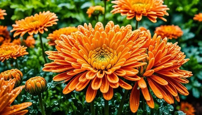 Fresh dewdrops cling to the petals of vibrant orange chrysanthemums, standing out with vivacity in the garden, highlighting the importance of proper care and maintenance for these flourishing blooms.