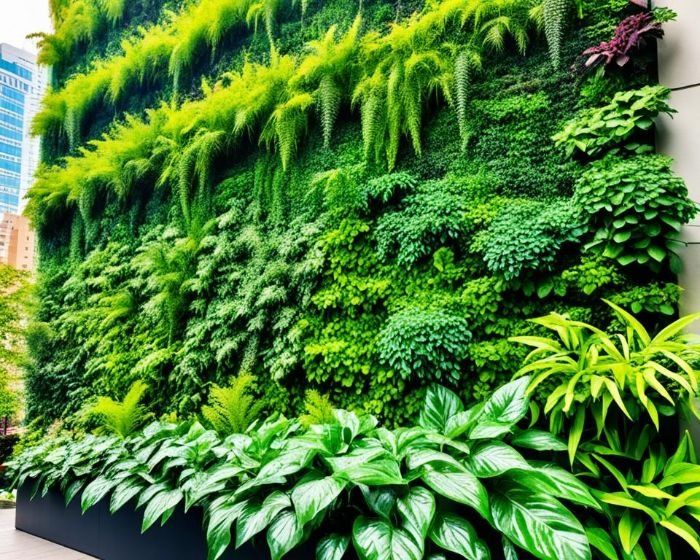 A dynamic urban vertical garden bursting with a variety of plants, integrating diverse textures and lush green hues, ingeniously maximizing vertical space against a city backdrop.