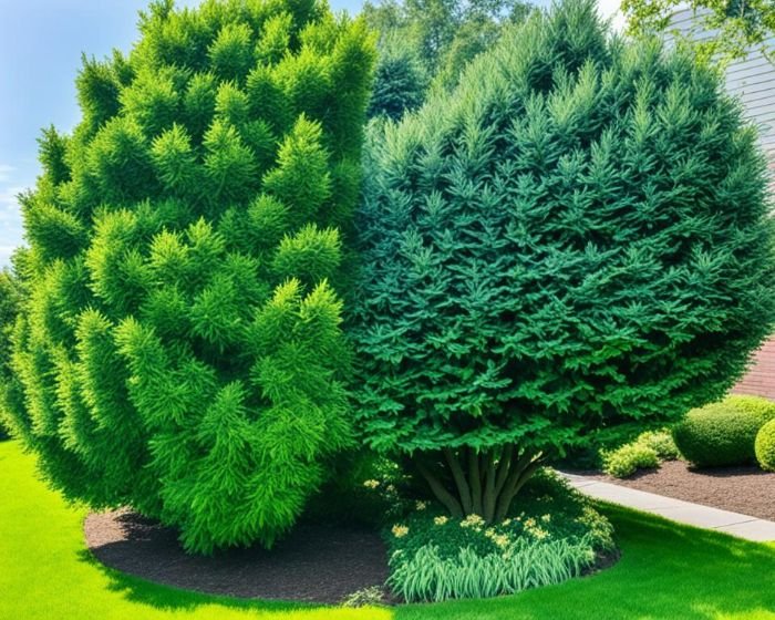 Two lush, perfectly pruned conifer shrubs standing side by side, illustrating the aesthetic and health benefits of regular pruning in a vibrant garden setting.