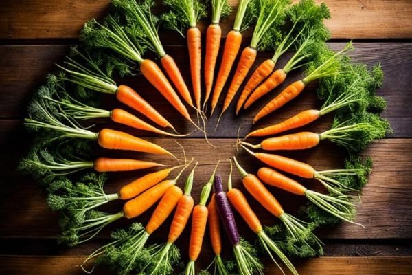 A vibrant arrangement of carrots with lush green tops, primarily orange with a few purple, arranged in a circular pattern on a wooden surface, highlighting the diverse colors and rich history of carrot varieties.