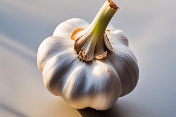 Garlic – A Natural Antibiotic and Immunity Booster A single bulb of garlic, illuminated by natural light, showcasing its smooth white cloves, symbolizing its use as a natural antibiotic and immunity booster in health-focused nutrition.