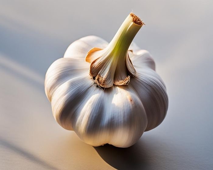A single bulb of garlic, illuminated by natural light, showcasing its smooth white cloves, symbolizing its use as a natural antibiotic and immunity booster in health-focused nutrition.