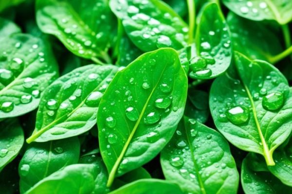 Close-up of vibrant spinach leaves covered in dew drops, highlighting the rich nutritional content of spinach, including iron and antioxidants essential for healthy living.