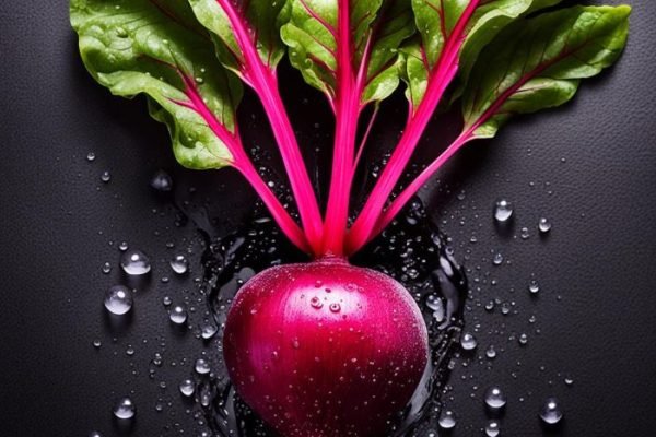 Fresh beetroot with vibrant pink stems and green leaves, covered in water droplets on a dark surface, showcasing its natural beauty and hinting at its health benefits for heart health and stamina.