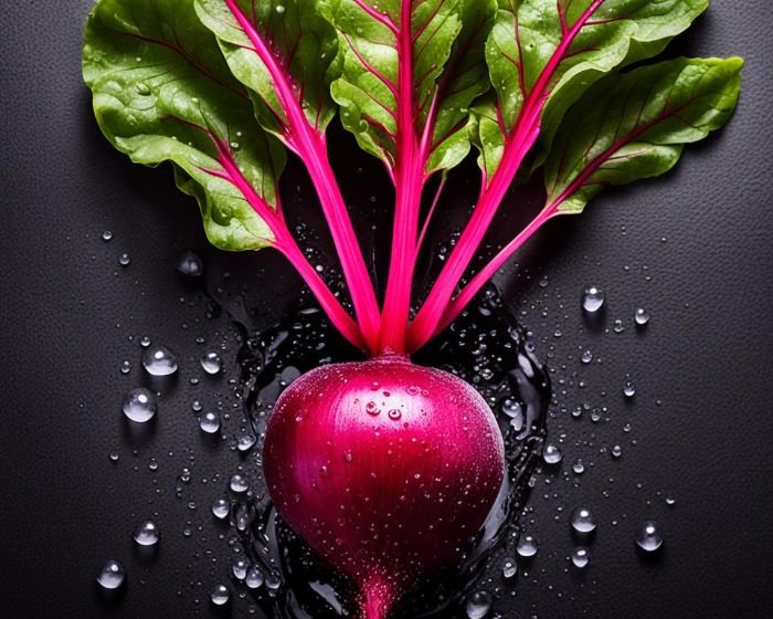 Fresh beetroot with vibrant pink stems and green leaves, covered in water droplets on a dark surface, showcasing its natural beauty and hinting at its health benefits for heart health and stamina.
