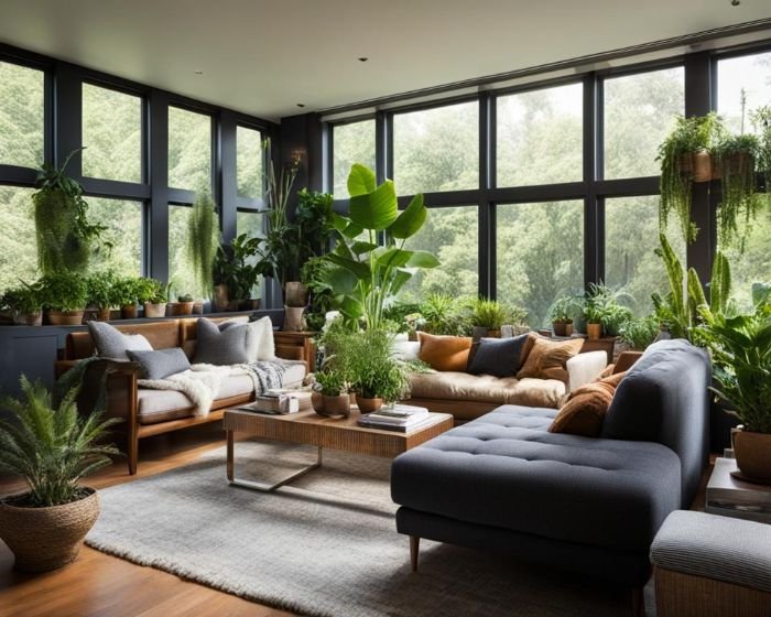 A cozy living room filled with a variety of lush indoor plants positioned near large windows, demonstrating their role in enhancing air quality within a home environment.