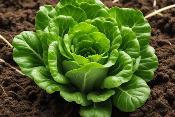 A vibrant, healthy lettuce head flourishing in rich soil, exemplifying optimal growth conditions for harvesting at peak freshness.