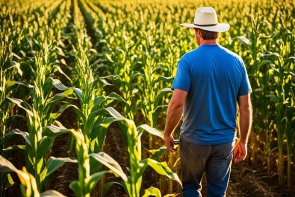 A farmer walks through a vast field of towering corn at sunset, illustrating the evolution of corn from an ancient grain to a modern agricultural marvel.