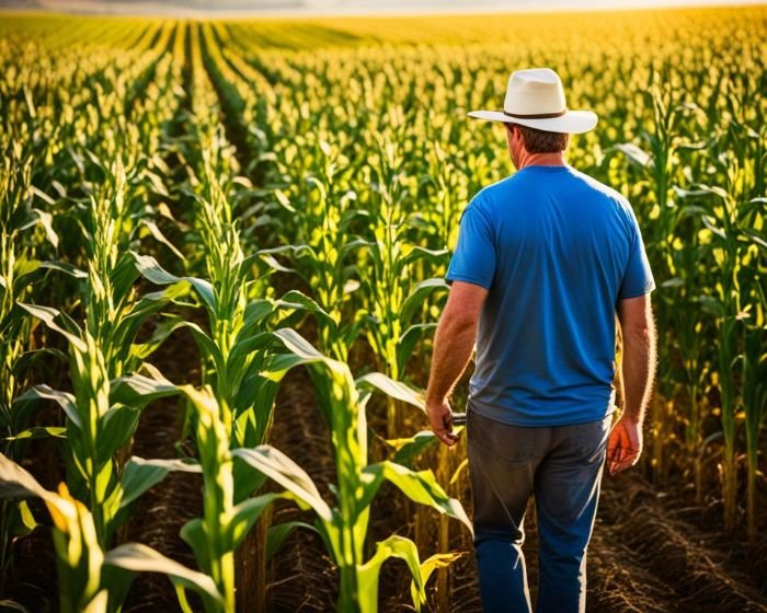 A farmer walks through a vast field of towering corn at sunset, illustrating the evolution of corn from an ancient grain to a modern agricultural marvel.