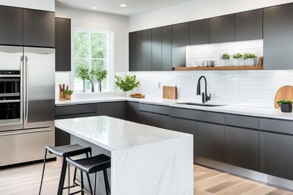 Sleek, modern kitchen featuring energy-efficient appliances with a minimalistic design, highlighting the importance of choosing sustainable options for home improvement.