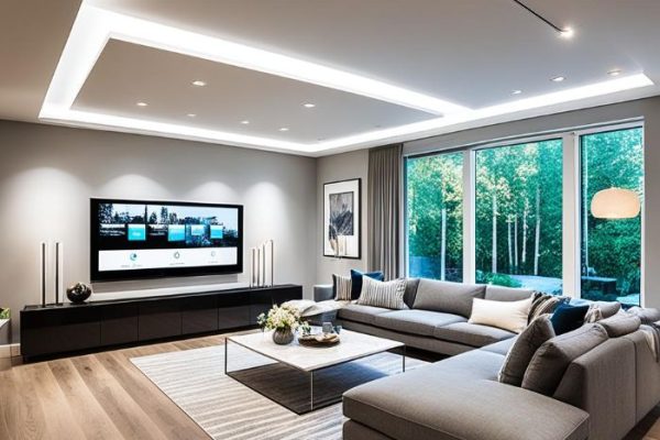 Luxurious modern living room featuring smart lighting solutions with integrated ceiling lights and natural views through large windows, creating a bright and stylish space.