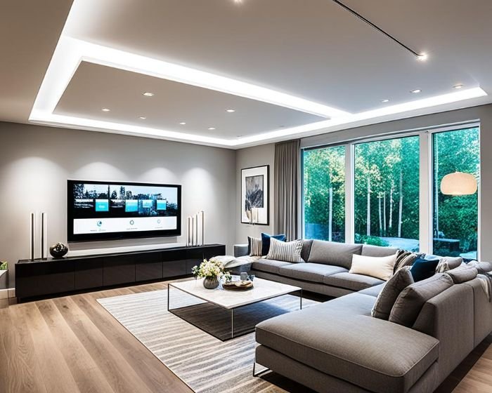 Luxurious modern living room featuring smart lighting solutions with integrated ceiling lights and natural views through large windows, creating a bright and stylish space.