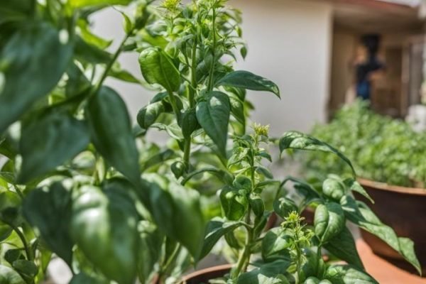 A close-up view of pepper plants with lush green leaves and budding flowers in a garden setting, illustrating a guide to their growth and care stages.