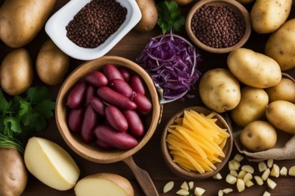 An assortment of potatoes, kidney beans, spices, and garnishes laid out on a table, showcasing the variety of ingredients that can be paired with potatoes.