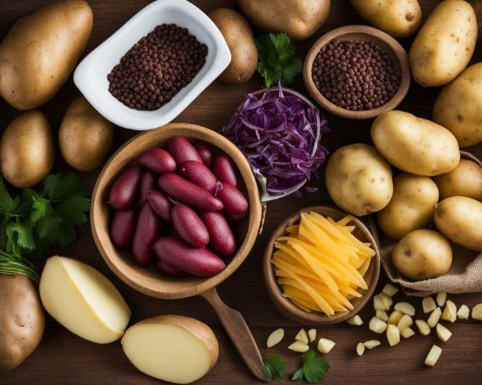 An assortment of potatoes, kidney beans, spices, and garnishes laid out on a table, showcasing the variety of ingredients that can be paired with potatoes.