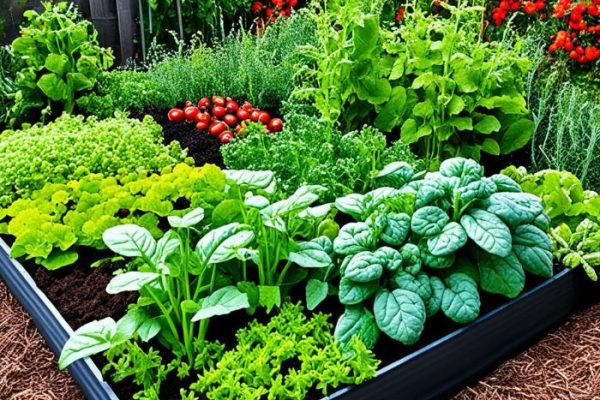 Lush vegetable garden showcasing a variety of plants like tomatoes, spinach, and herbs, illustrating the concept of natural pest control in home gardening.