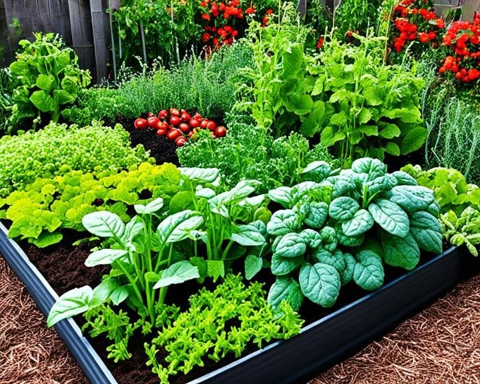 Lush vegetable garden showcasing a variety of plants like tomatoes, spinach, and herbs, illustrating the concept of natural pest control in home gardening.