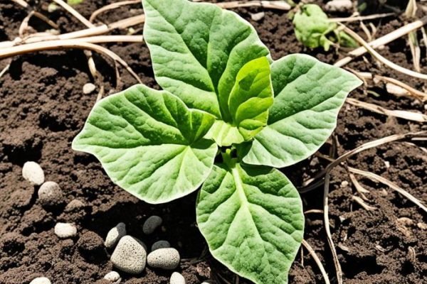 Young squash plant with vibrant green leaves sprouting from rich soil, illustrating early growth stage in a gardening guide.